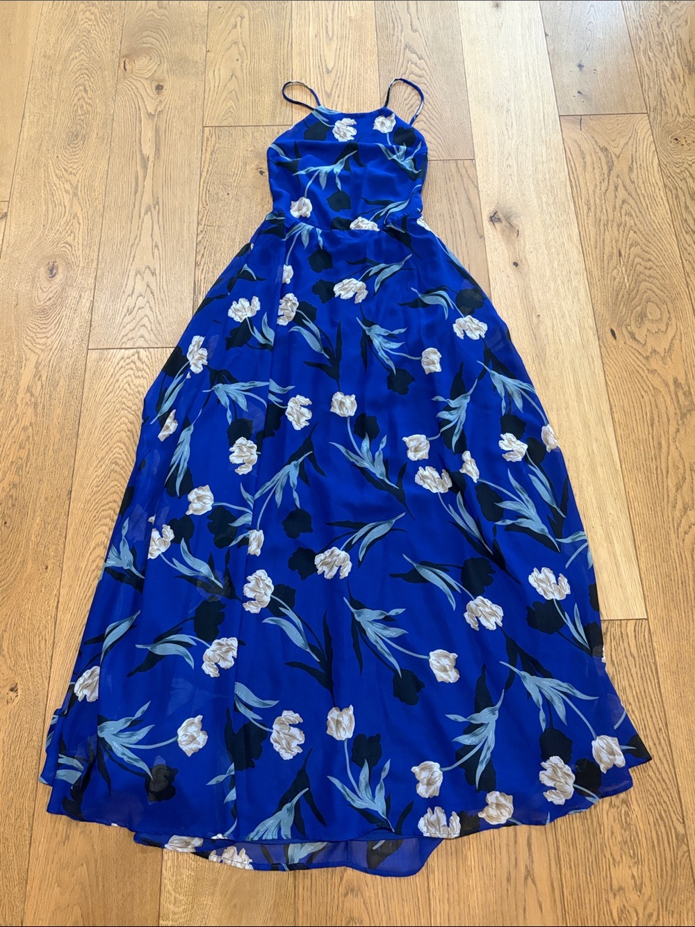 Blue Floral Maxi Dress with Spaghetti Straps